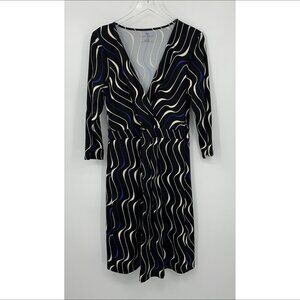Talbots knit jersey shift dress black abstract blue white faux wrap surplice 10